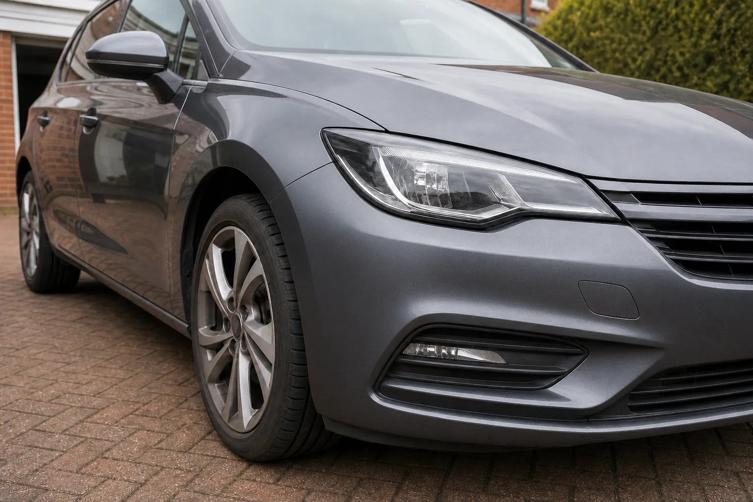 AI demonstration of repaired grey hatchback front bumper corner
