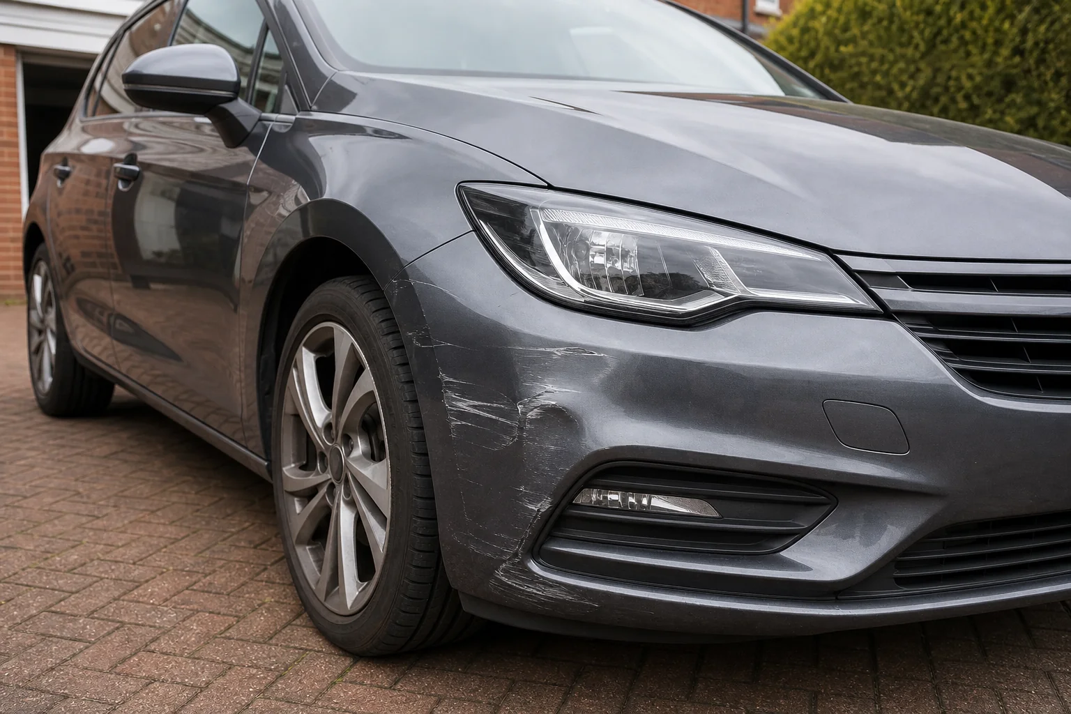 AI demonstration of scuffed grey hatchback front bumper corner before repair