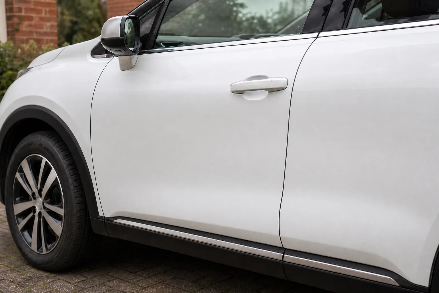 AI demonstration of a professionally repaired white crossover door