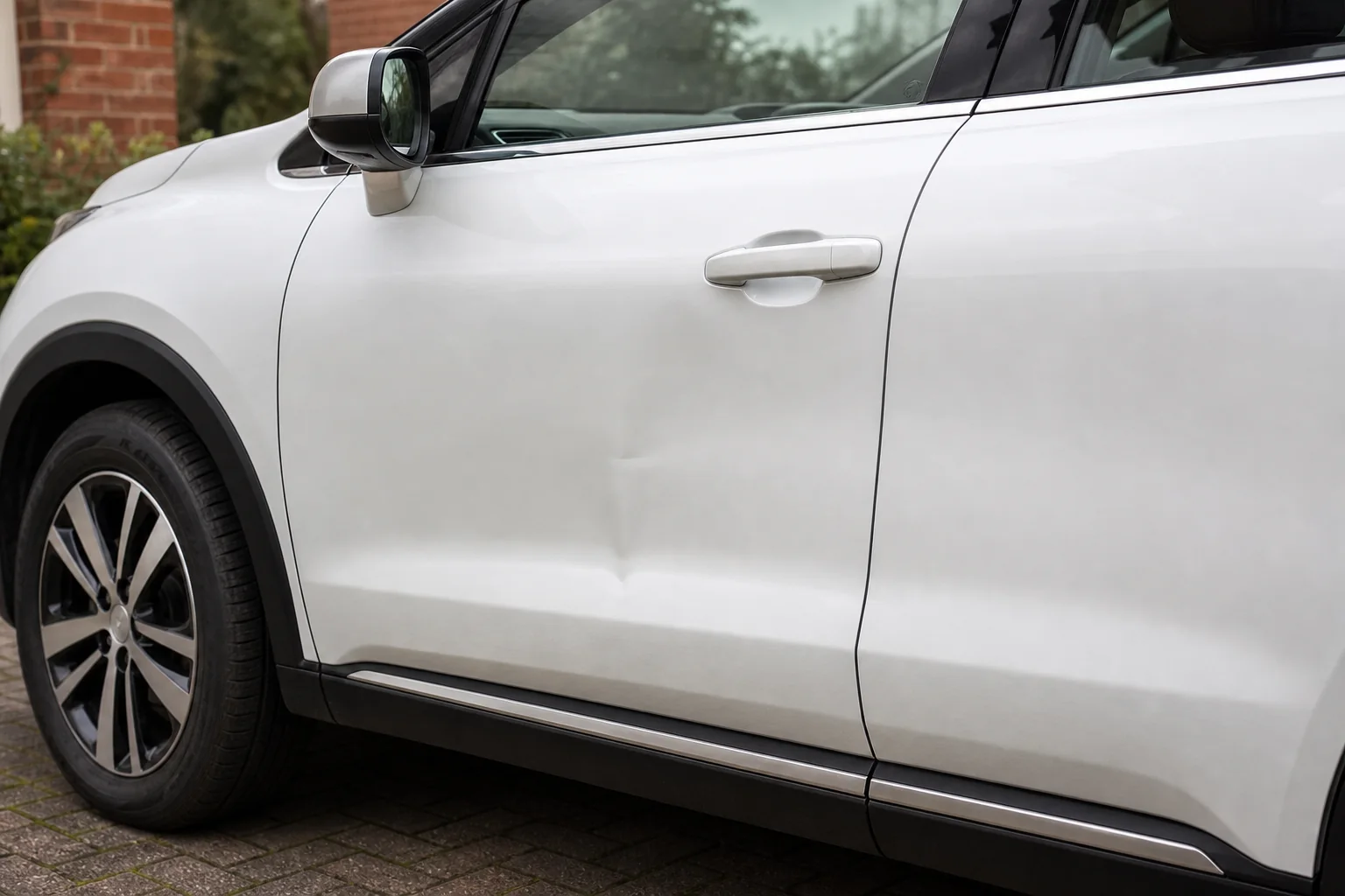 AI demonstration of a minor dent in a white crossover door before repair