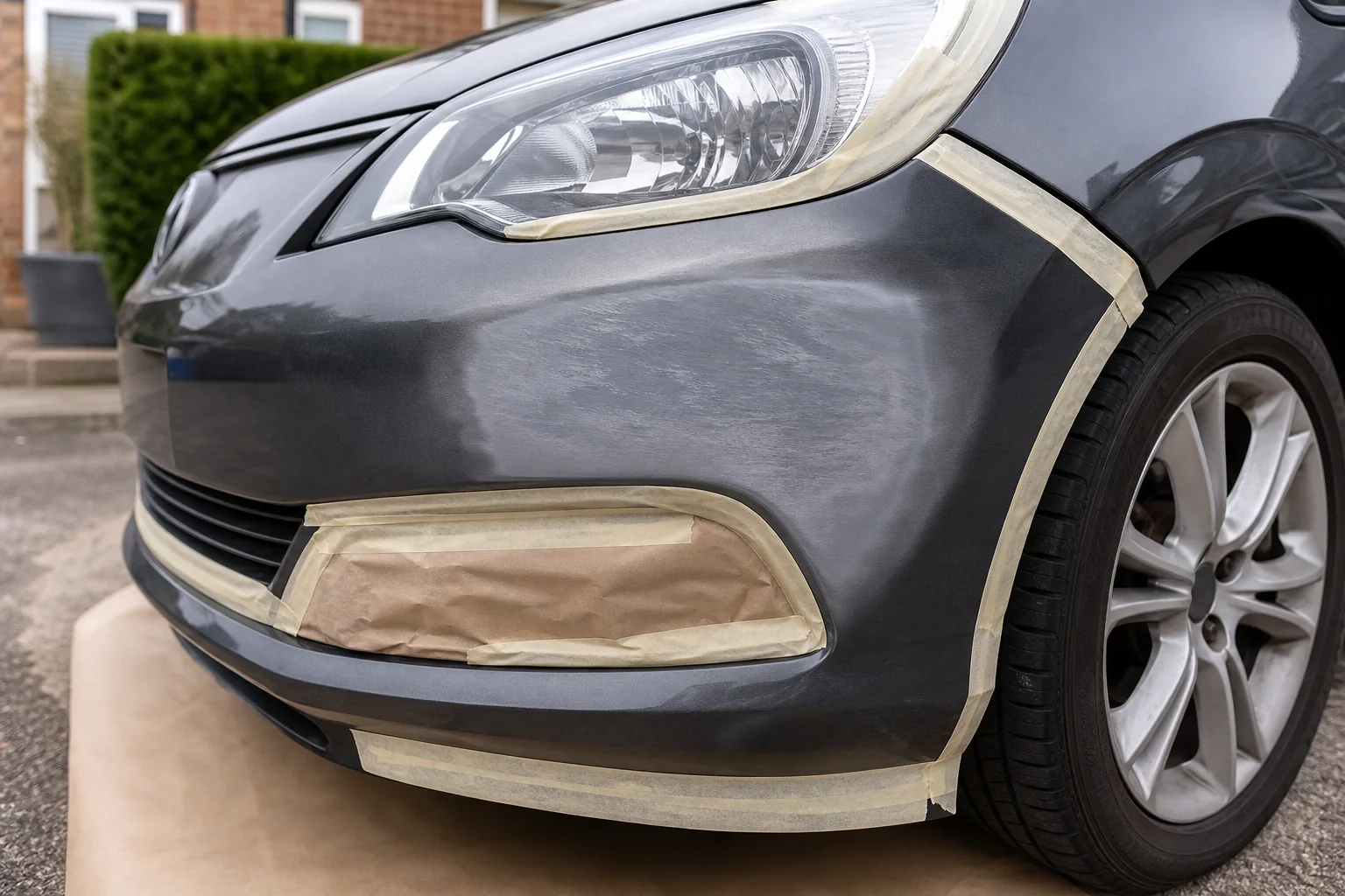 Close-up of a professional mobile bumper repair on a modern car