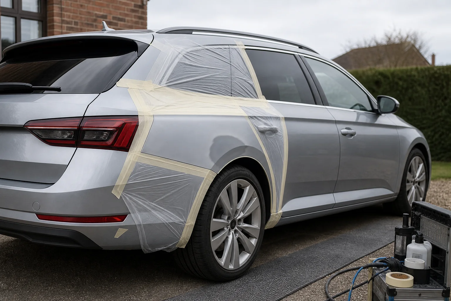 Mobile technician carrying out a precision car body repair beside a modern vehicle