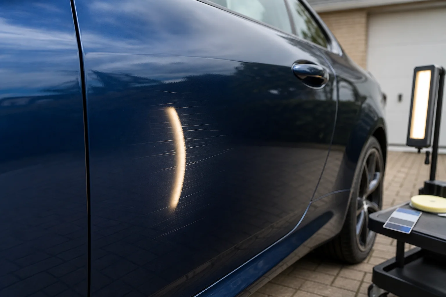 Precision mobile scratch repair being completed on a modern car panel